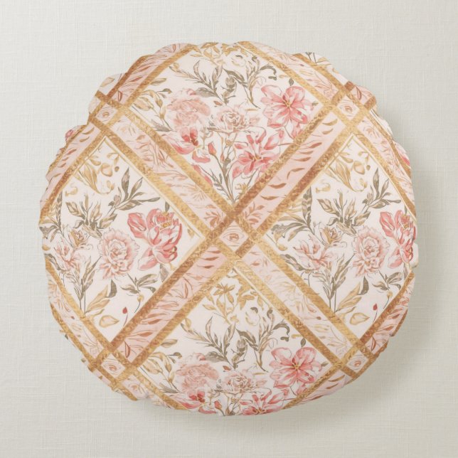 Pink Peach Florals Flowers Pattern and Ribbon Rund Kudde (Framsidan)