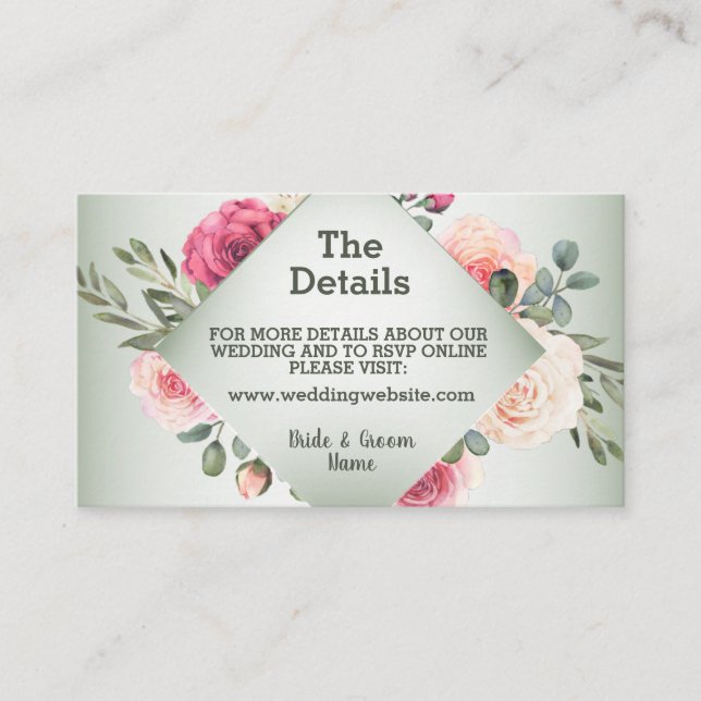 Pink Peach Roses Rustic Green Geometric Detail Tilläggskort (Framsida)