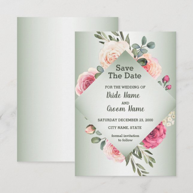 Pink Peach Roses Rustic Green Geometric Spara Datumet (Fram/baksida)