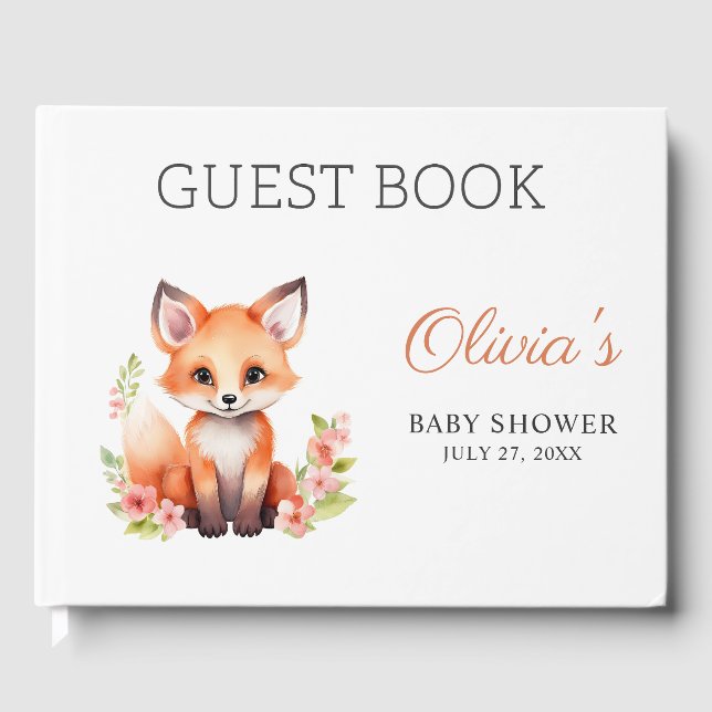 Pink Peach Woodland Fox Baby Shower Guest Book Gästböcker (Framsida)