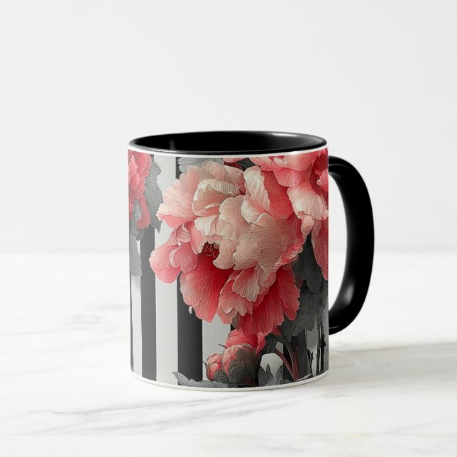 pink peonies and black and white stripes mugg (Framsida höger)