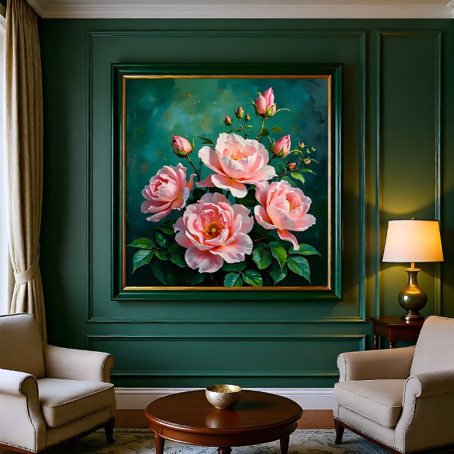 Pink Peonies Artwork on Emerald Green Canvastryck (Skapare uppladdad)