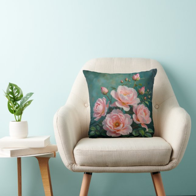 Pink Peonies Artwork on Emerald Green Kudde (Stol)