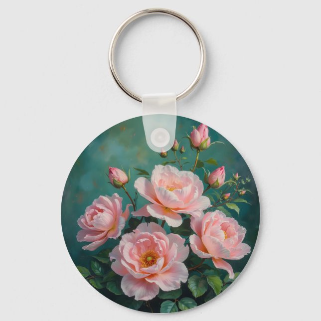 Pink Peonies Artwork on Emerald Green Nyckelring (Framsida)