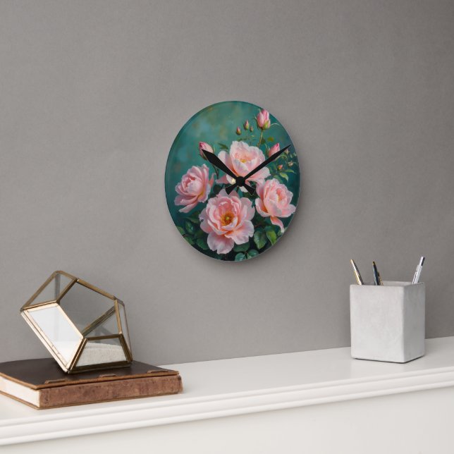 Pink Peonies Artwork on Emerald Green Rund Klocka (Kontor)
