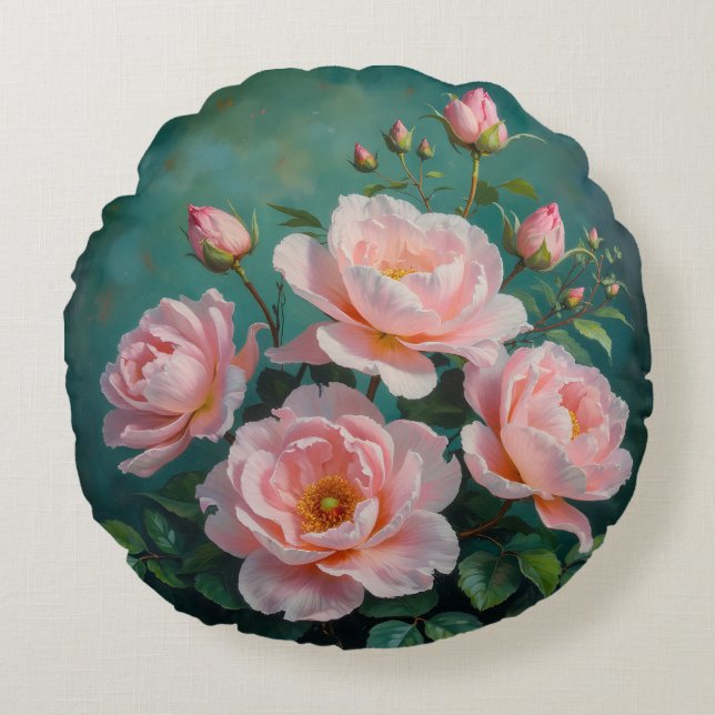 Pink Peonies Artwork on Emerald Green Rund Kudde (Framsidan)