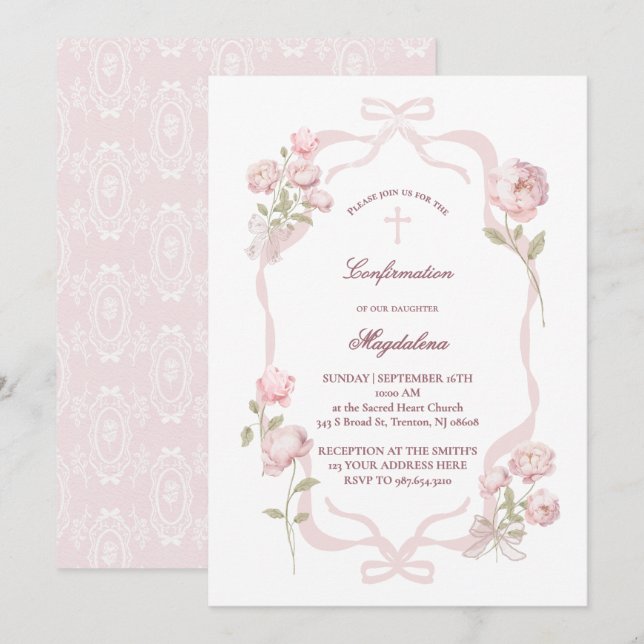 pink peonies Confirmation girl Inbjudningar (Fram/baksida)