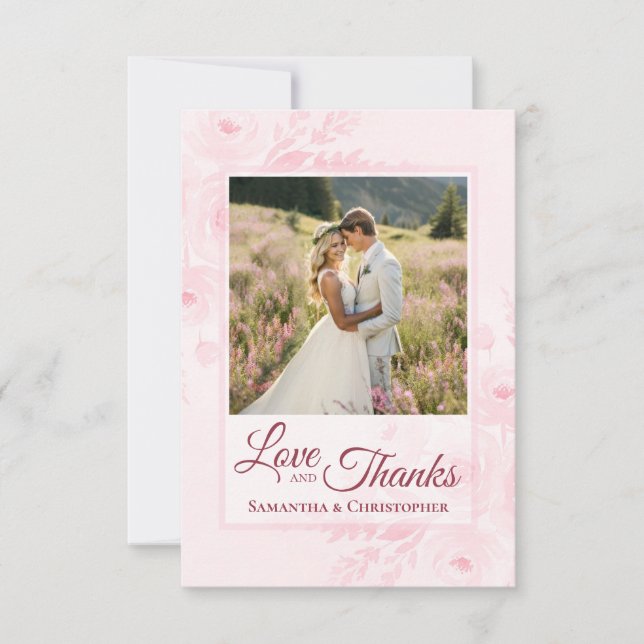 Pink Peonies Love & Thanks Photo & Note Wedding Tack Kort (Framsida)