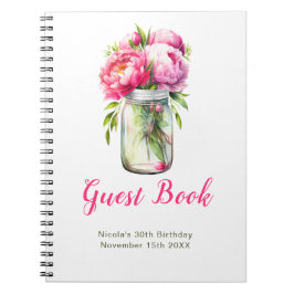 Pink Peonies Mason Jar Birthday Party Guest Book Anteckningsbok