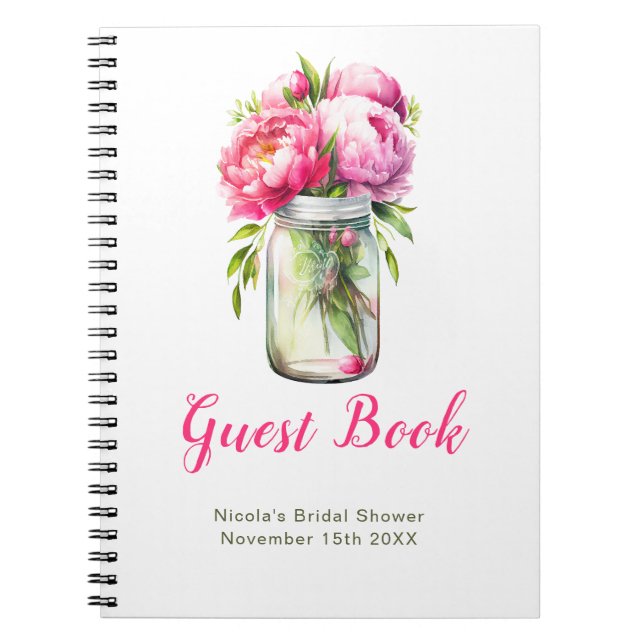 Pink Peonies Mason Jar Bridal Shower Guest Book Anteckningsbok (Framsidan)