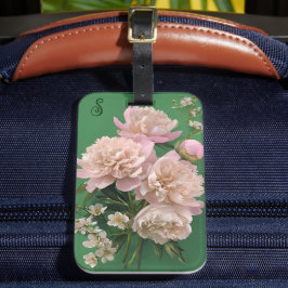 Pink Peonies Monogram Name Personalized Bagagebricka