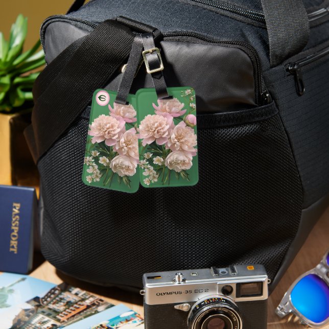 Pink Peonies Monogram Name Personalized Bagagebricka (Fram & Baksida)