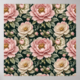 Pink Peonies On Dark Green Artistic Floral Poster