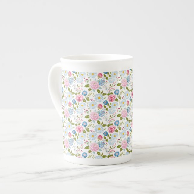 Pink Peonies Pattern  Benporslin Mugg (Framsida vänster)