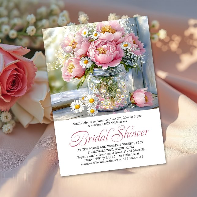 Pink Peonies White Daisies in Mason Jar Inbjudningar (Skapare uppladdad)