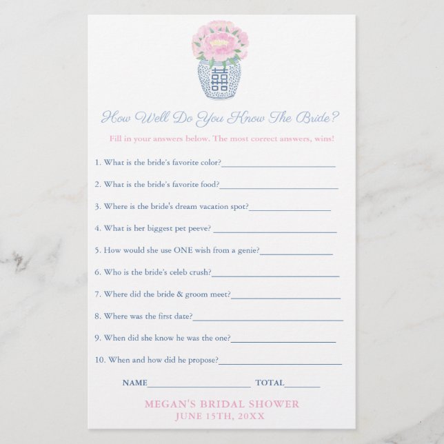 Pink Peonies Who Knows Bride The Best Game Sheet (Framsida)