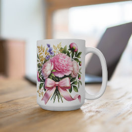 Pink Peony Bouquet Mug, Elegant Floral Coffee Cup Kaffemugg