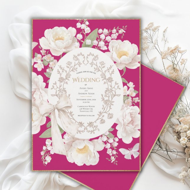 Pink Peony Floral Vintage Wedding Inbjudningar (Skapare uppladdad)