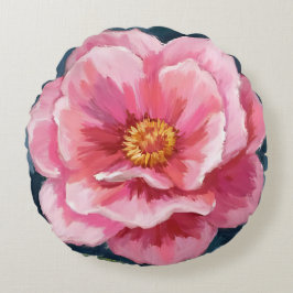 Pink Peony Flower Watercolor Floral Rund Kudde