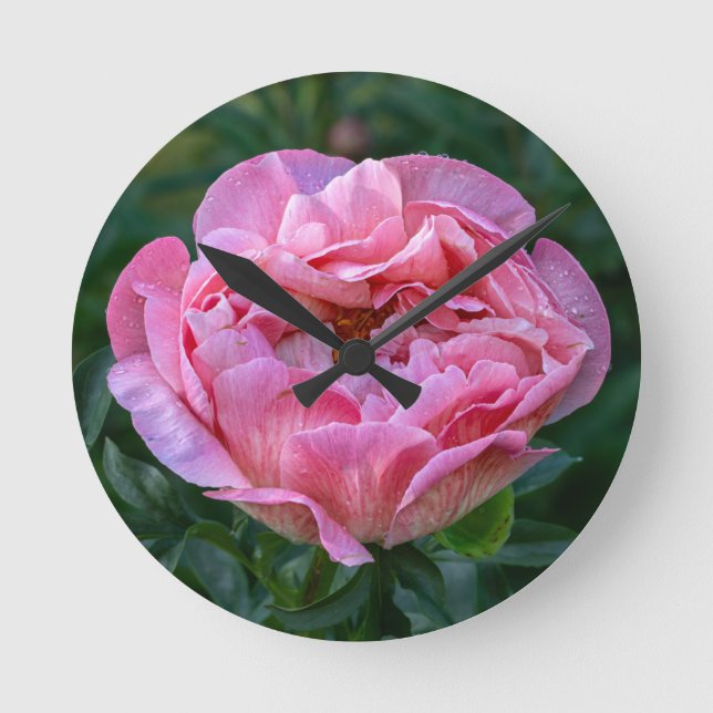 Pink Peony Rund Klocka (Framsida)