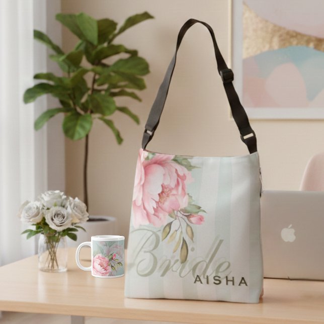 Pink Peony & Sage Green Floral Axelväska (In your bride era: This stunning peony crossbody & matching mug are perfect for a stylish, busy day!)
