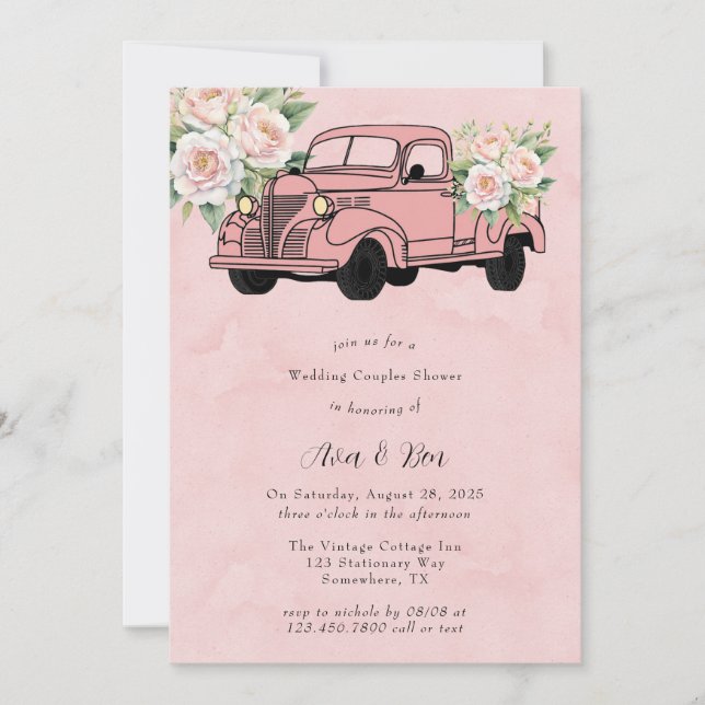 Pink Peony Vintage Truck Wedding Couples Shower Inbjudningar (Framsida)