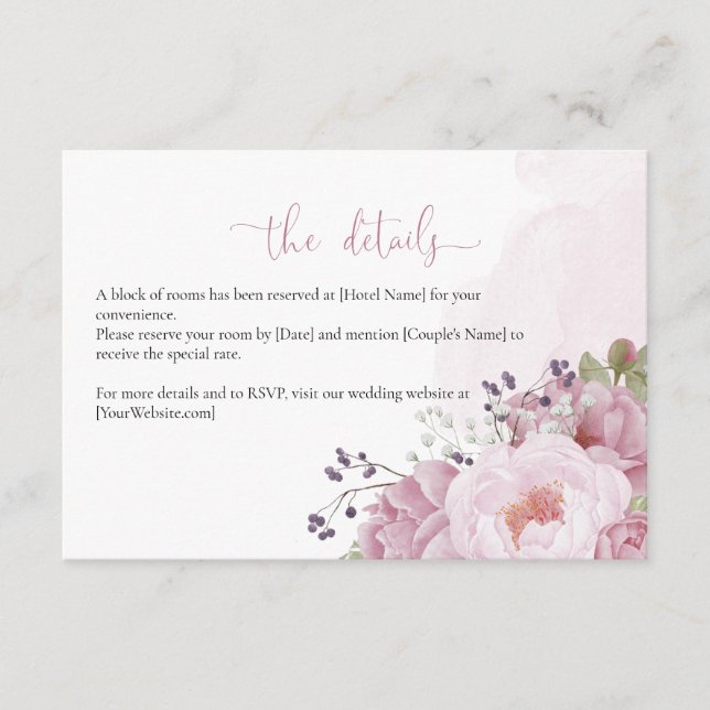 Pink Peony Wedding Details Card Tilläggskort (Framsida)