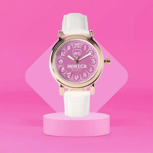 Pink Personalized with White LeatherMonogram Femin Armbandsur (Skapare uppladdad)