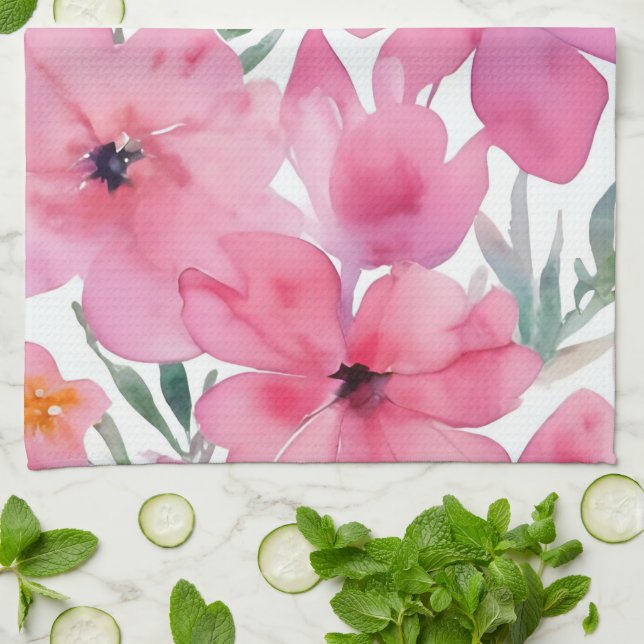 Pink Petals | Watercolor Floral Painted Flowers Kökshandduk (Vikta)