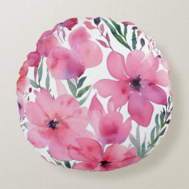 Pink Petals | Watercolor Floral Painted Flowers Rund Kudde