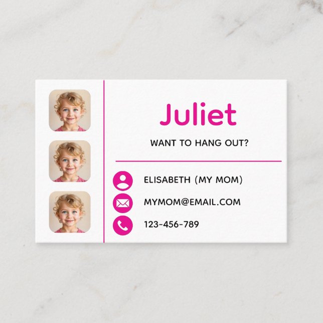 Pink Photo Kids Playdate Card Visitkort (Framsida)