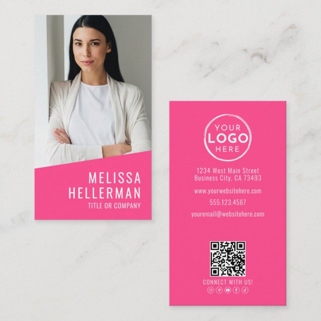 Pink Photo QR Code Logo Vertical Visitkort (Fram/baksida)