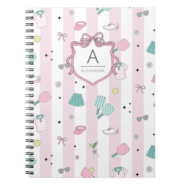 Pink Pickleball Preppy Monogram Print Anteckningsbok (Framsidan)