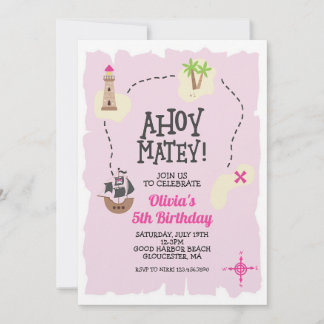 Pink Pirate Treasure Map Birthday Inbjudningar