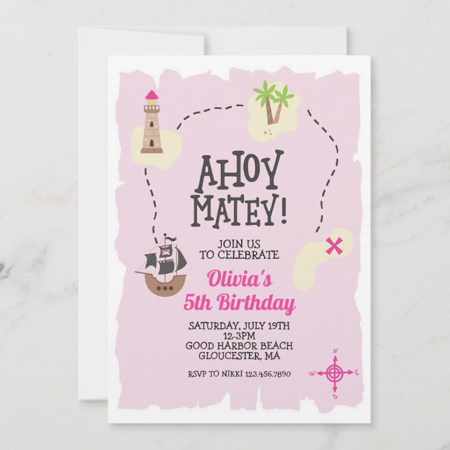 Pink Pirate Treasure Map Birthday Inbjudningar (Framsida)