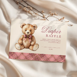 Pink Plaid Bear Baby Shower Diaper Raffle Tilläggskort