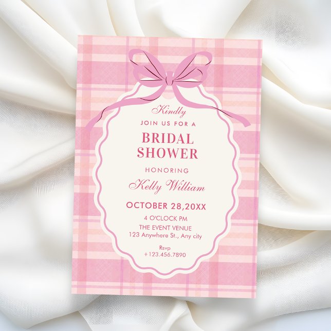 Pink plaid bow bridal shower inbjudningar (Skapare uppladdad)