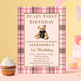 Pink Plaid Vintage Beary First Girl 1st Birthday Inbjudningar