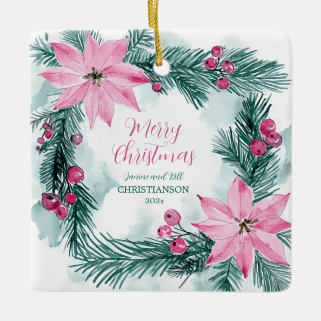 Pink Poinsettias Christmas Julgransprydnad Keramik (Framsida)