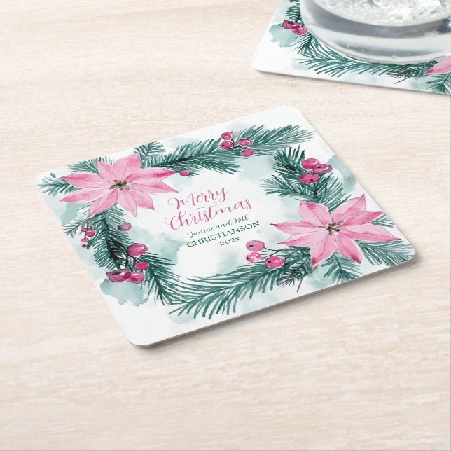 Pink Poinsettias Christmas Underlägg Papper Kvadrat (Vinklad)