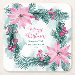 Pink Poinsettias Christmas Underlägg Papper Kvadrat