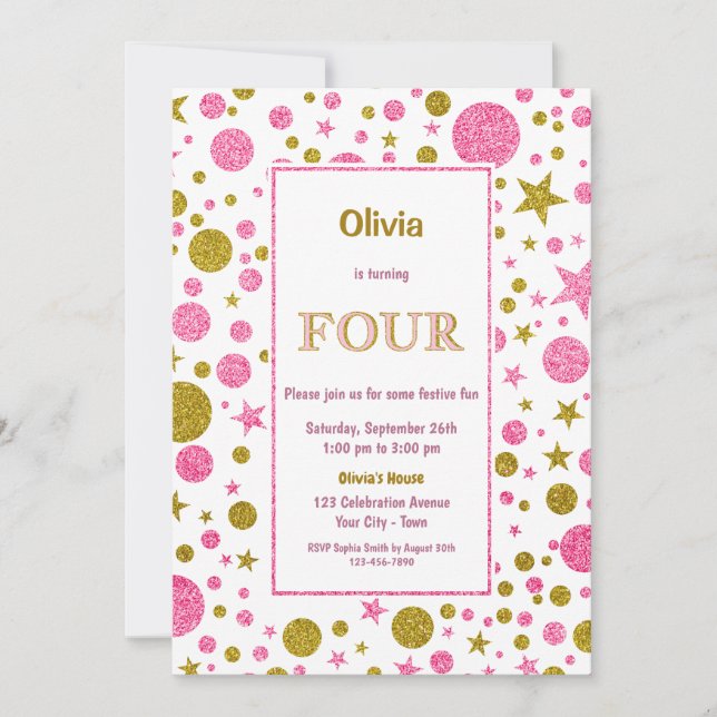 Pink Polka Dot 4th Birthday Party Inbjudningar (Framsida)