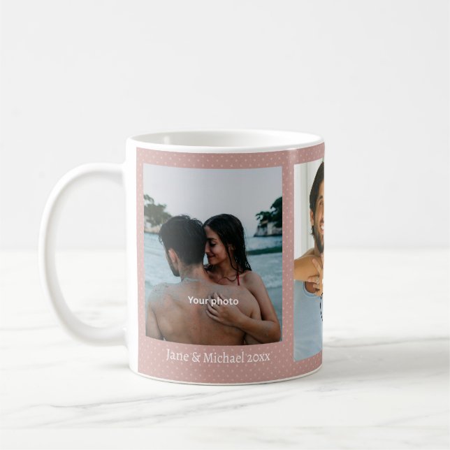Pink Polka Dot Couple Photo Pink Love Hearts Mug Kaffemugg (Vänster)