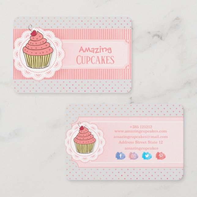 Pink Polka Dots Stripes Cupcake Visitkort (Fram/baksida)