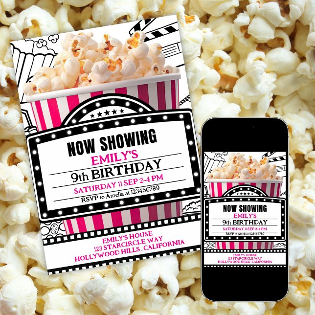 Pink Popcorn Movie Night Party Invitation Inbjudningar (Skapare uppladdad)