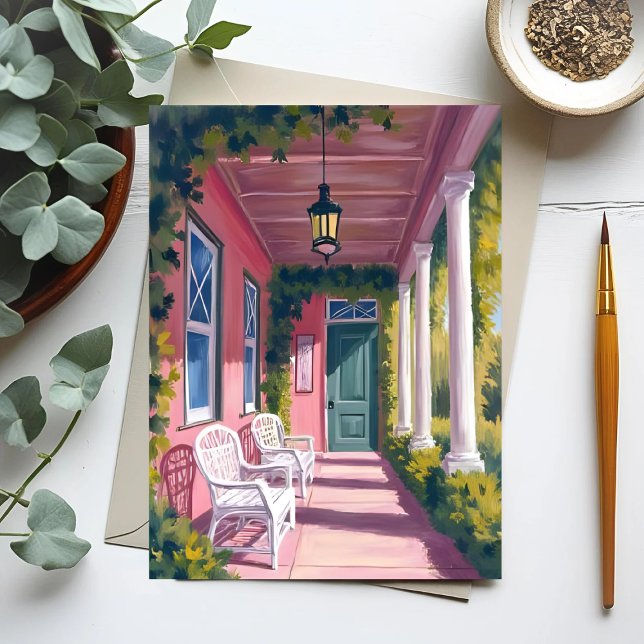 Pink Porch | Botanical Deck Floral Watercolor Vykort (Skapare uppladdad)
