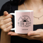 Pink Positive Motivational Quote with Any Name Kaffemugg<br><div class="desc">Inspire every day of the year with this personalized motivational coffee mug featuring the empowering mantra: "Stay Positive – Work Hard – Make It Happen." A sunrise graphic adds visual appeal along with a feminine pink background color and off-black text. Designed to uplift and motivate and begin your day with...</div>
