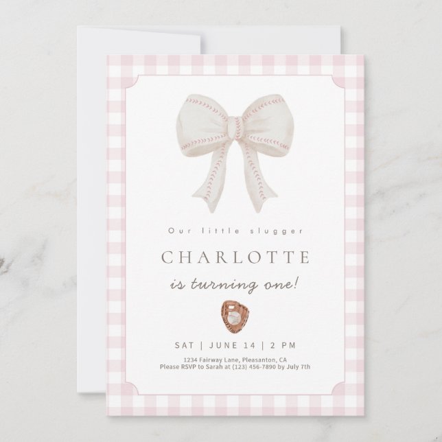 Pink Preppy Baseball Bow Birthday Invitation Tack Kort (Framsida)