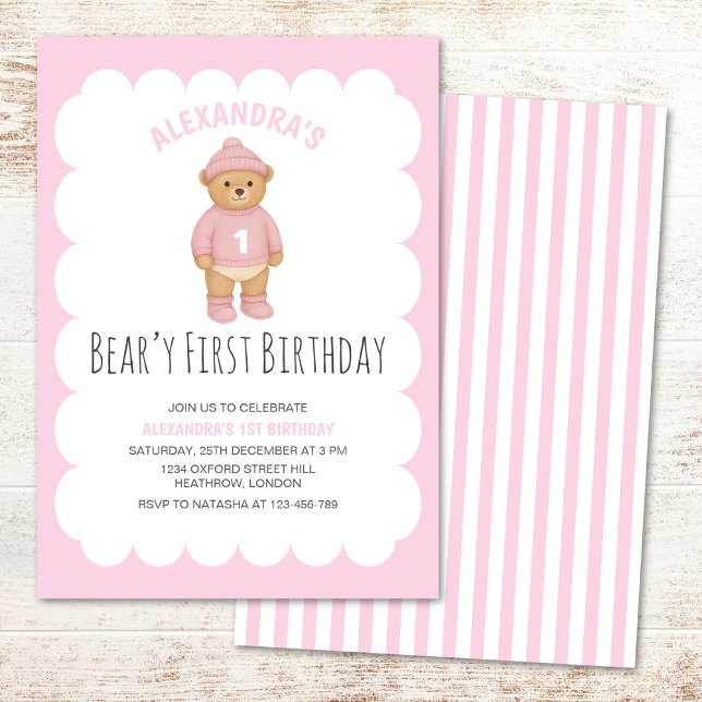 Pink Preppy Bear Beary First Birthday Invitation Inbjudningar (Skapare uppladdad)