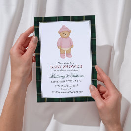 Pink Preppy Bear Designer Plaid Baby Shower Inbjudningar